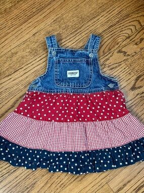 OSHKOSH Patriotic Stars Gingham Denim Overall Dress Size 12 Months
